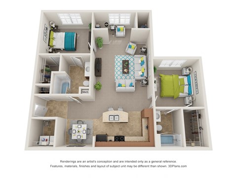 Floor plan for 2 beds, 2 baths, 1222 sqft